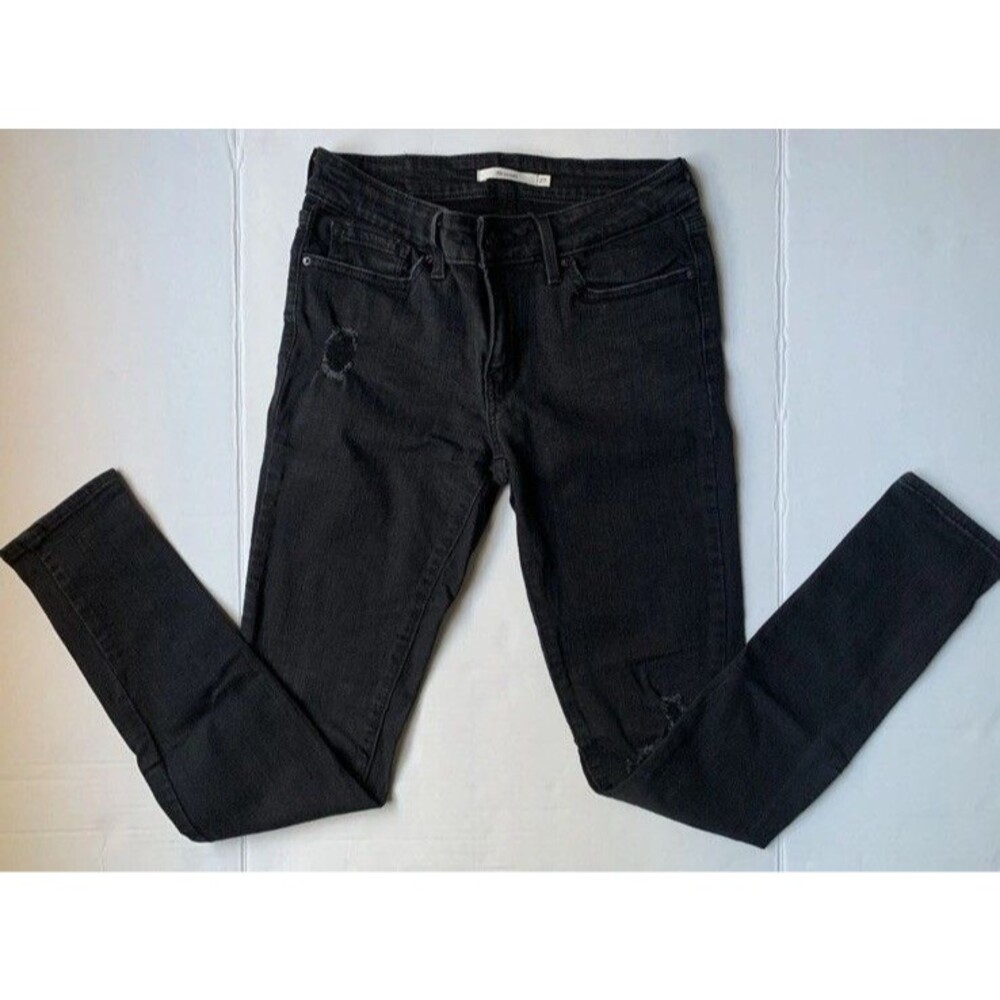 LEVI’S 711 Skinny Jeans Black Ripped Distressed Mid Rise Size 26x32
